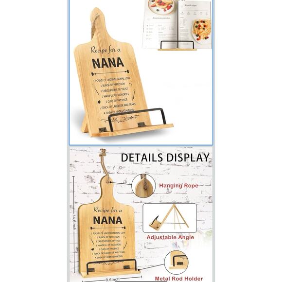 Nana Gifts, Foldable Wooden Cookbook Stand for Grandma, Unique Recipe Stand READ - Picture 13 of 14